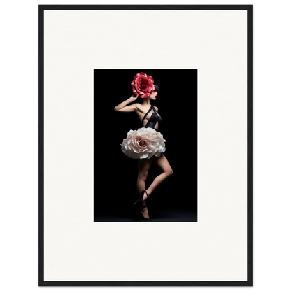 Surreal photograph of a dancer with a giant rose as a skirt and a red flower covering the face.