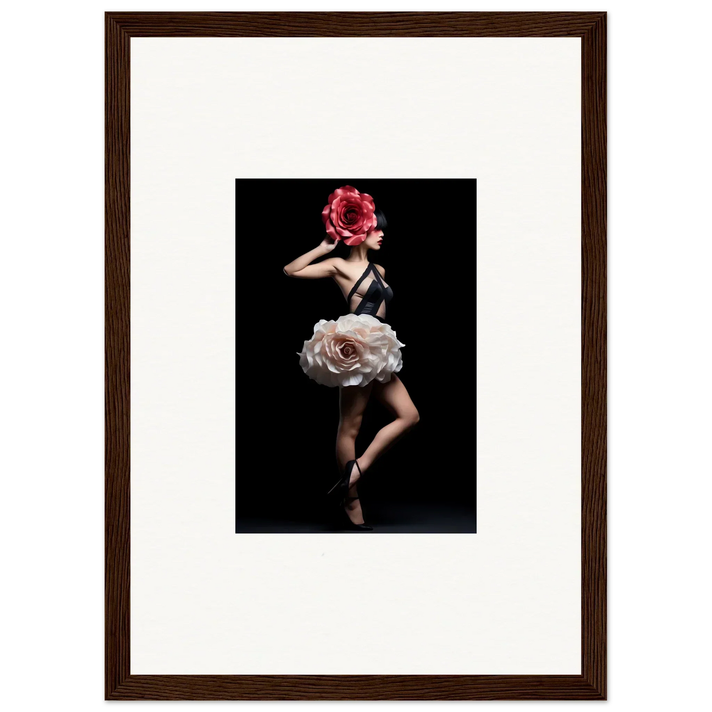 Framed artwork depicting a dancer with a floral-inspired costume against a dark background.