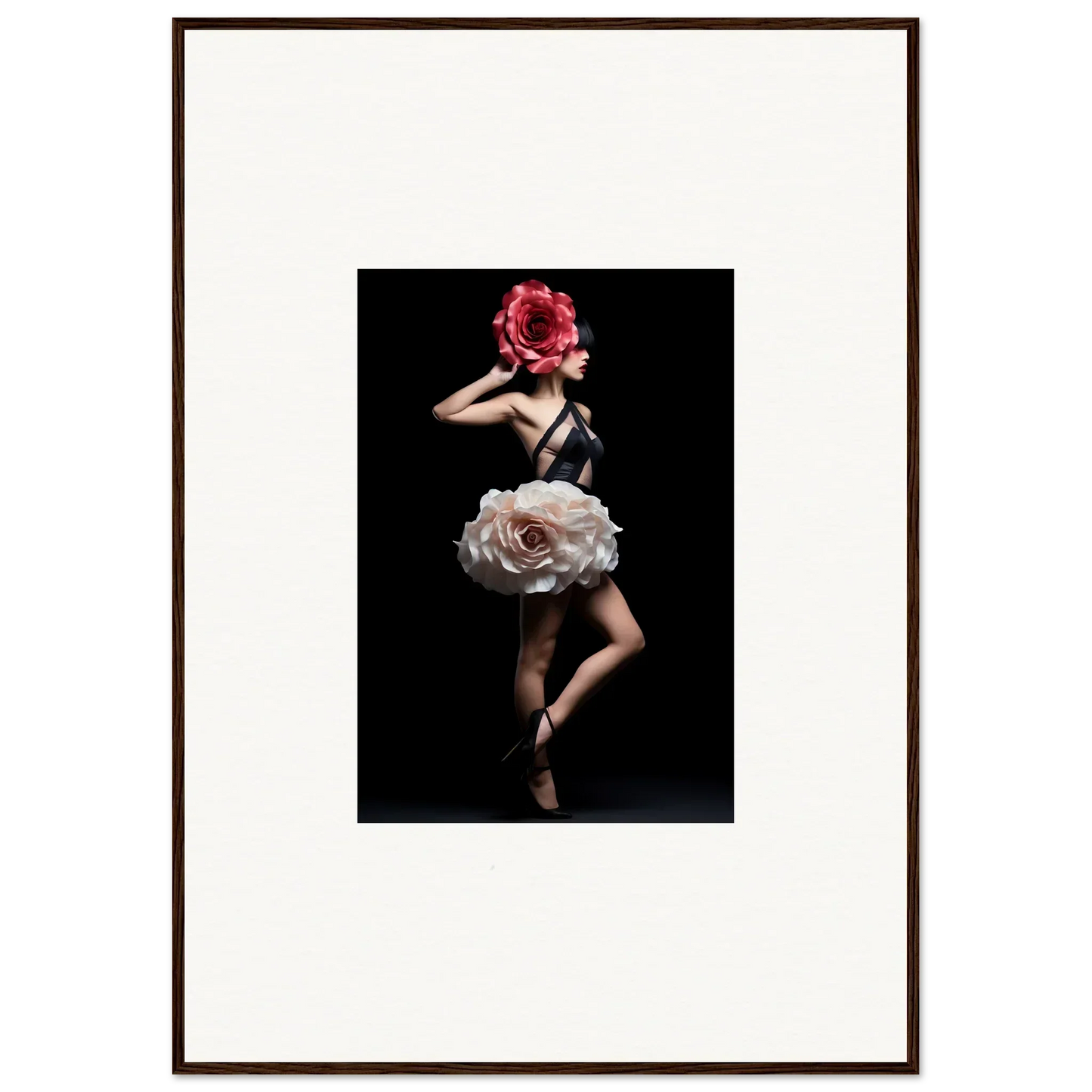 Surreal photograph of a dancer with a flower head and rose-like skirt.