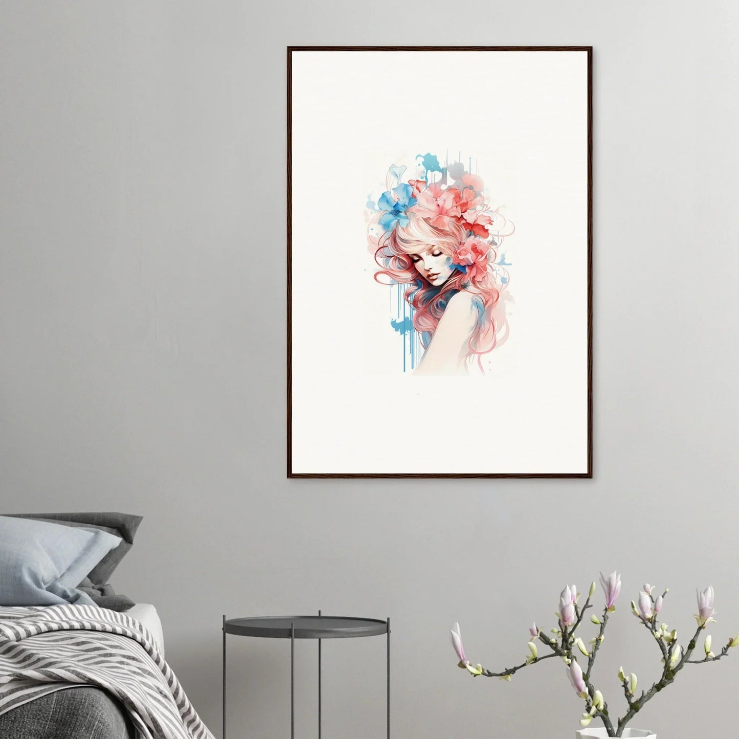 Watercolor-style canvas print of a figure in soft pink and blue hues for trendy room decoration