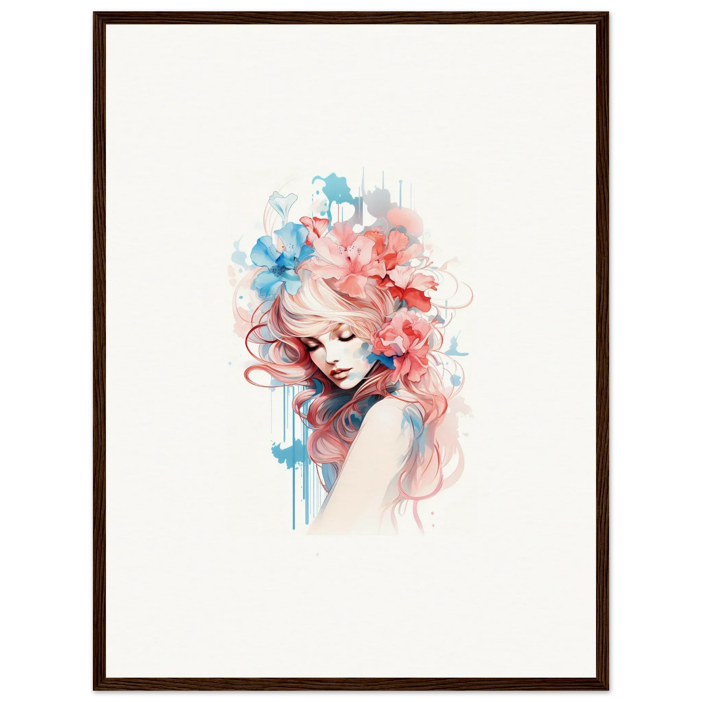 Watercolor-style canvas print of a woman with flowing hair for cool wall art