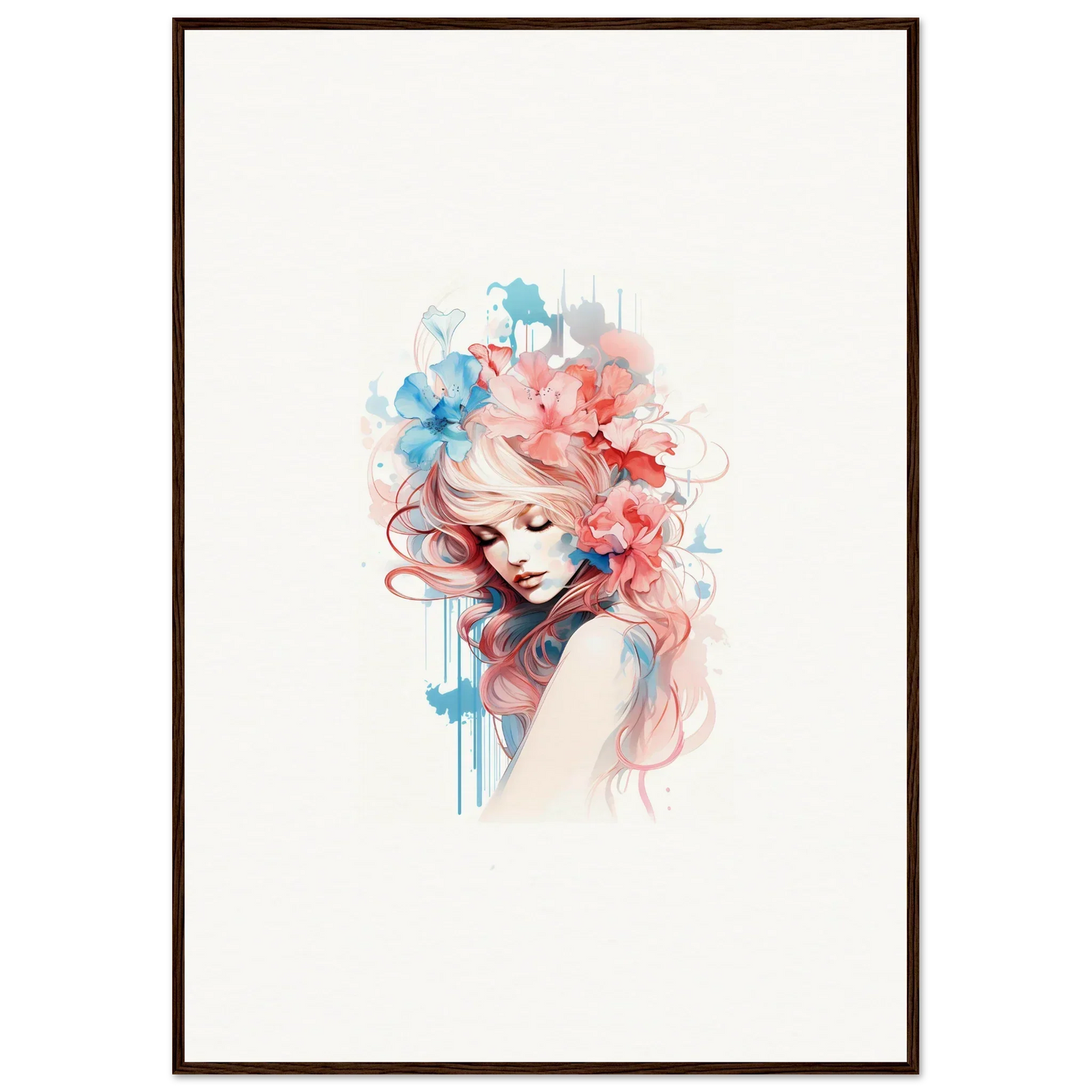 Watercolor portrait of a woman with pink hair, perfect canvas print for wall art