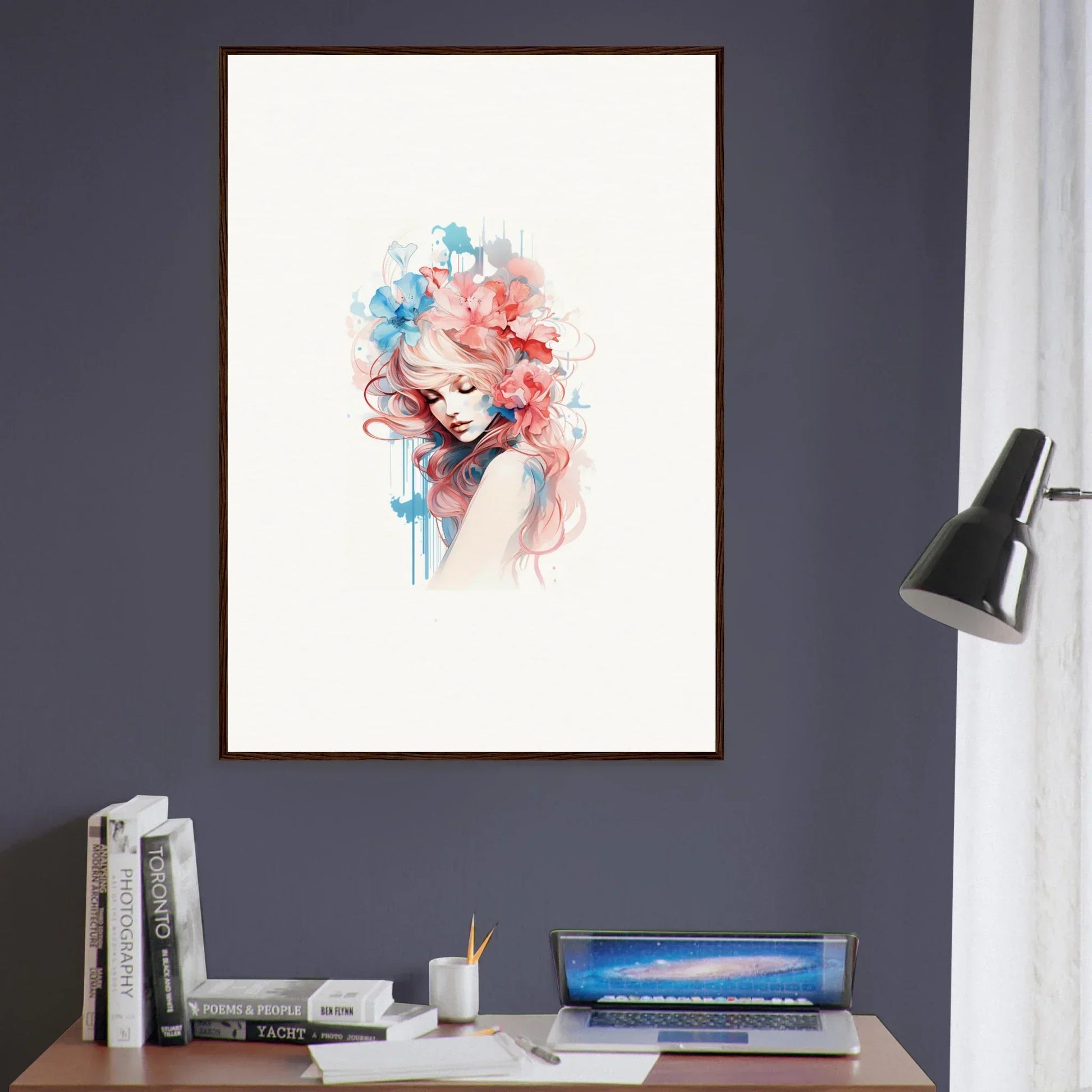 Framed watercolor portrait with colorful hair, perfect for wall art and room decoration