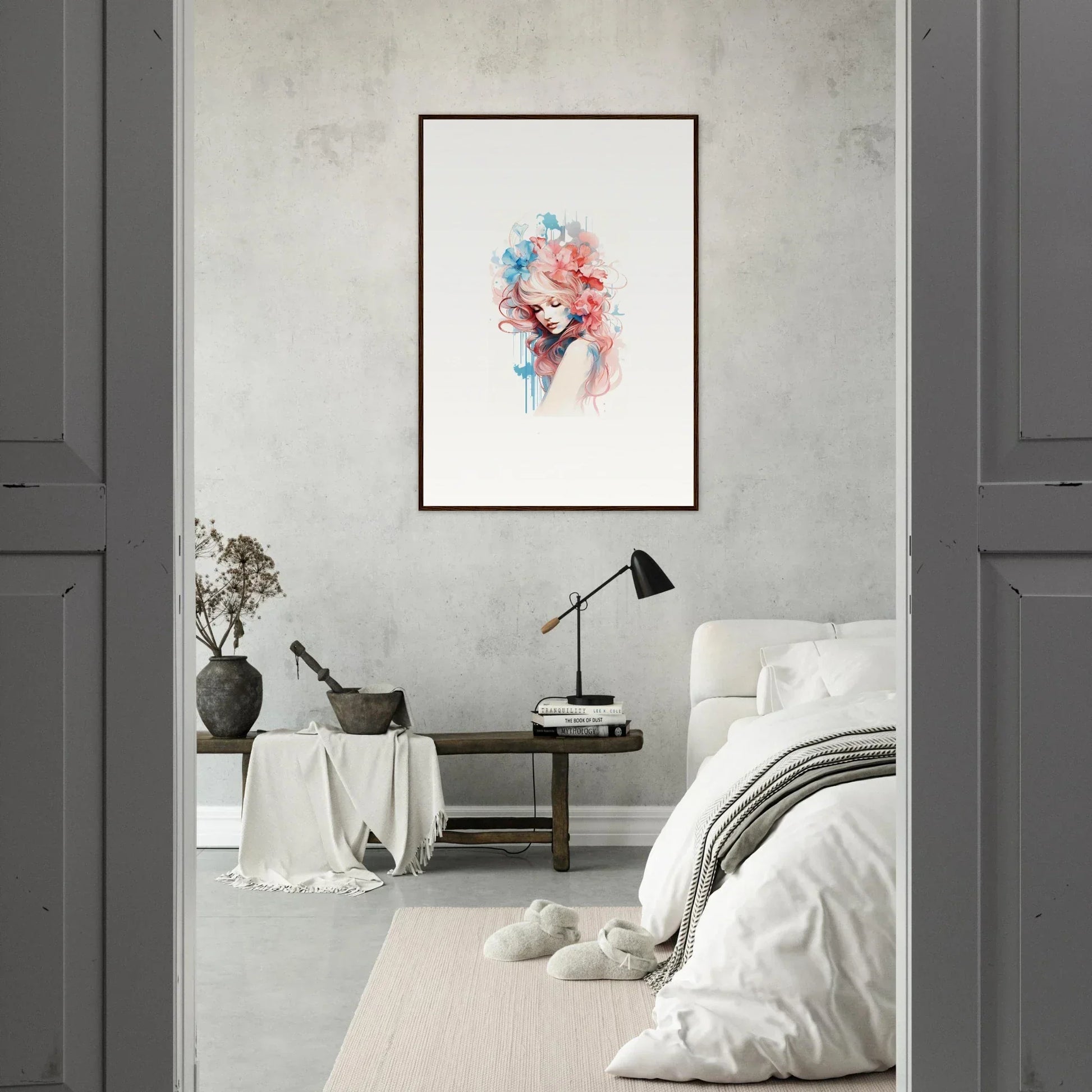 Framed watercolor portrait in pink and blue for vibrant room decoration wall art