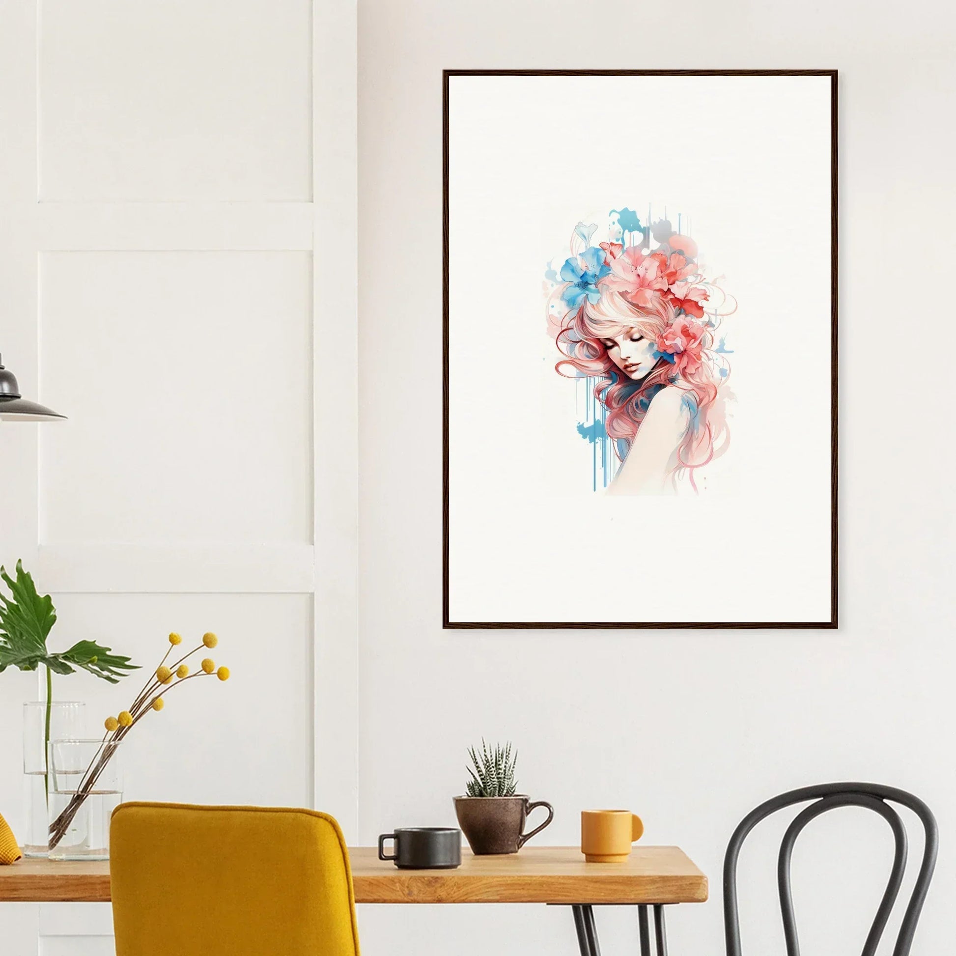 Framed watercolor portrait of a woman with colorful hair for unique room decoration