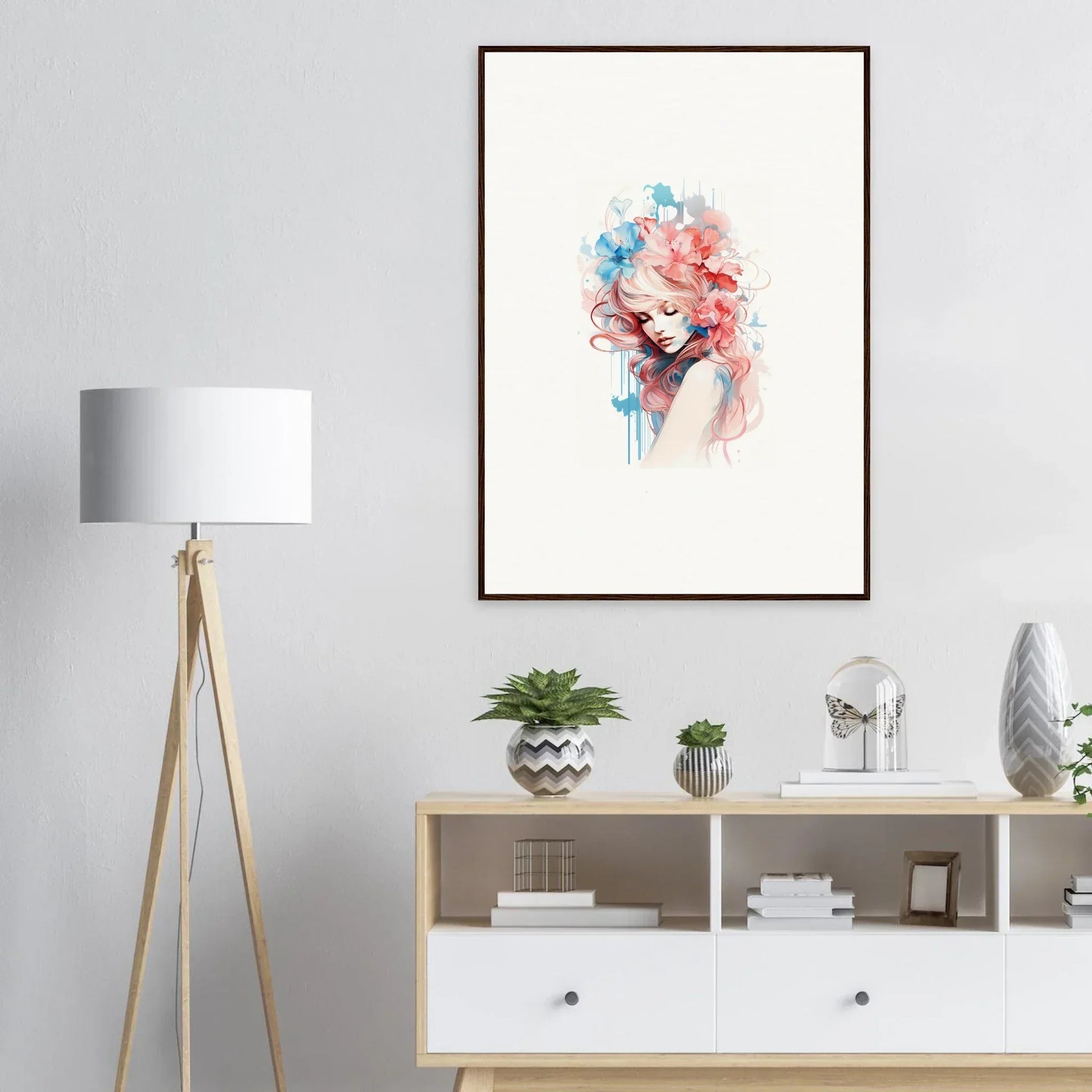 Framed watercolor portrait with vibrant red and blue hair for chic wall art