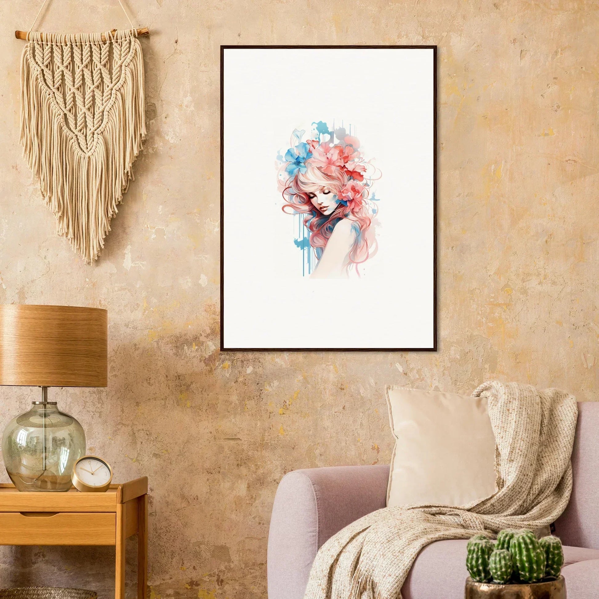 Colorful framed watercolor portrait for trendy wall art and room decoration