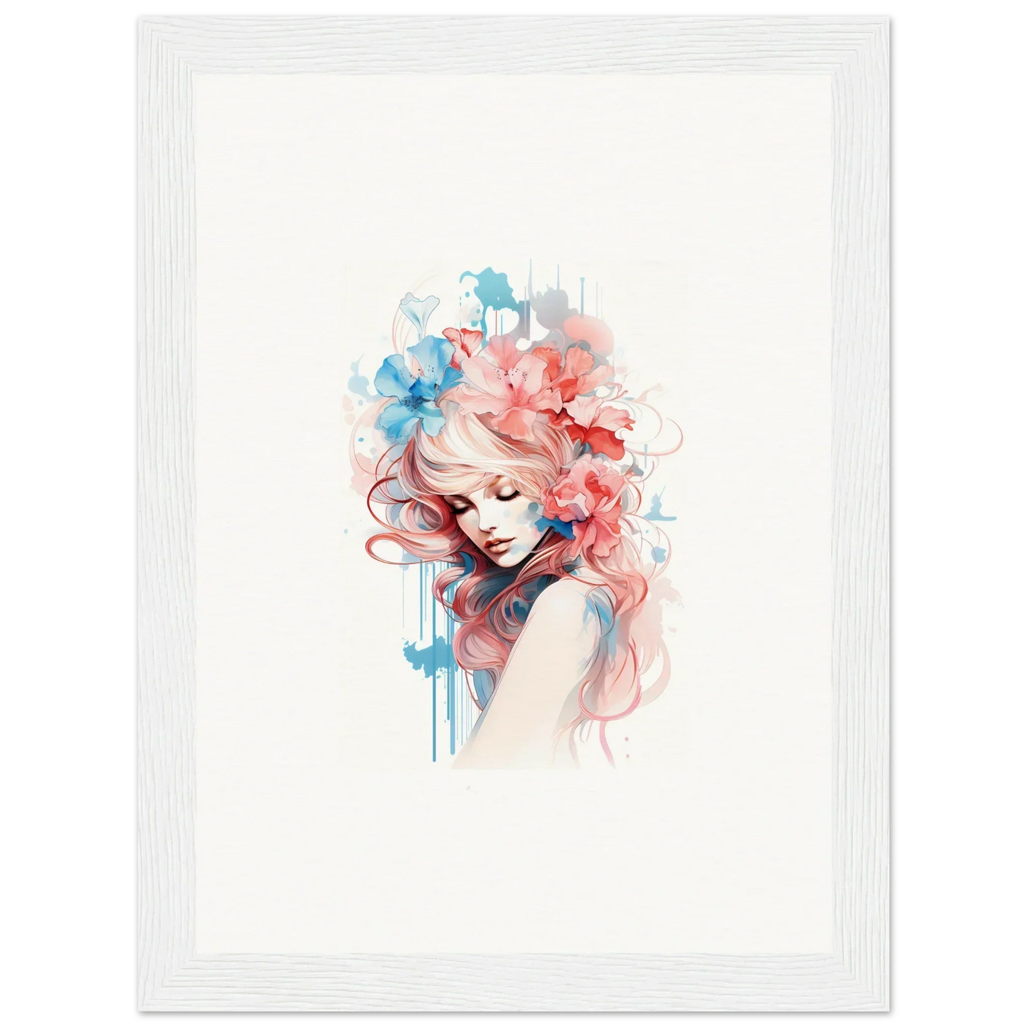 Watercolor canvas print of a woman with flowing pink and blue hair for cool room decoration