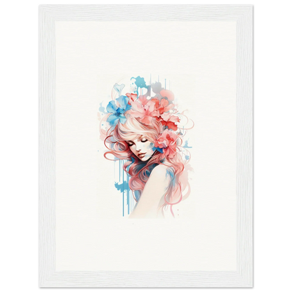 Watercolor canvas print of a woman with flowing pink and blue hair for cool room decoration