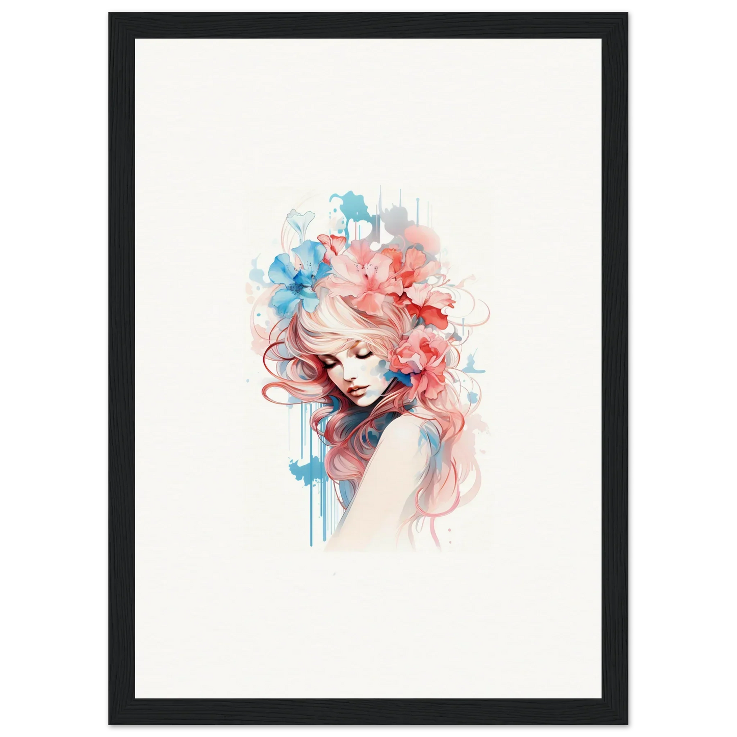 Watercolor portrait of a woman with flowing pink and blue hair for trendy wall art