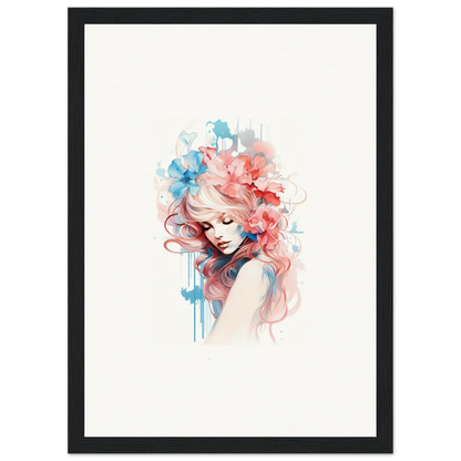 Watercolor portrait of a woman with flowing pink and blue hair for trendy wall art