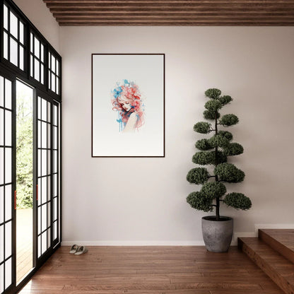 Framed watercolor portrait in pink and blue, perfect wall art for room decoration