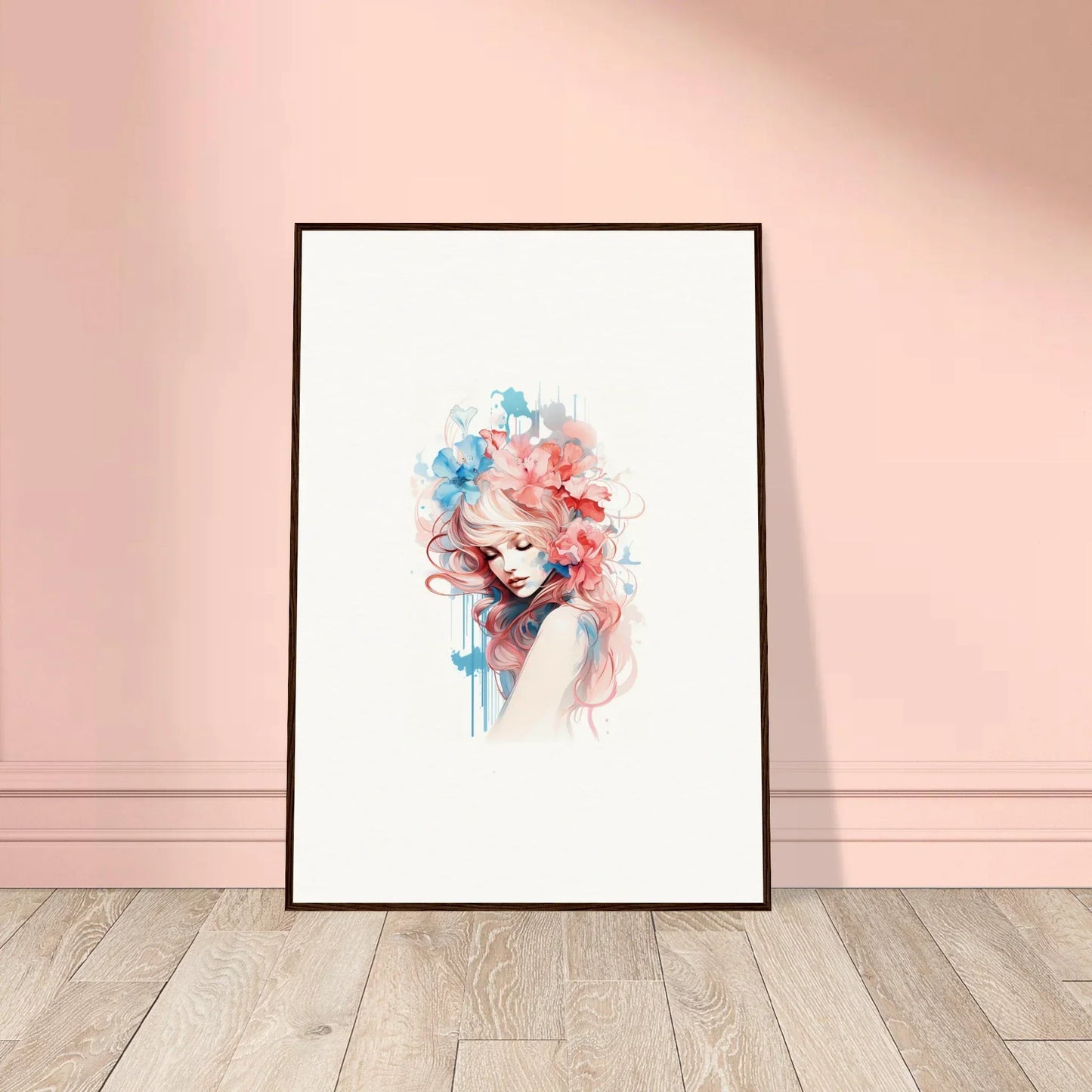 Framed watercolor wall art of an abstract face in blue and pink for room decoration