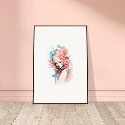 Framed watercolor wall art of an abstract face in blue and pink for room decoration