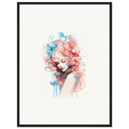 Watercolor portrait of a woman with pink and blue hair for chic wall art