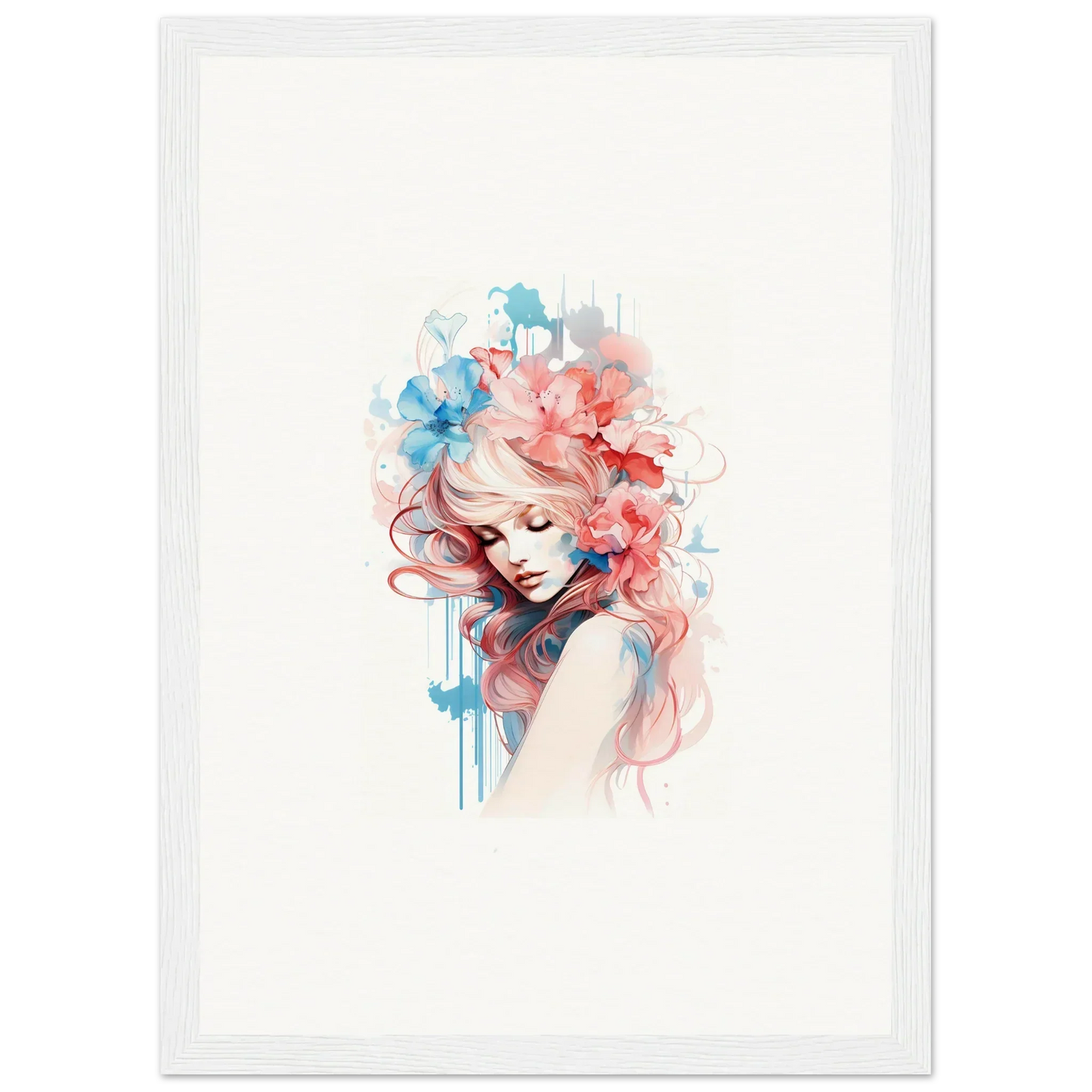 Watercolor portrait of a woman with pink and blue hair, perfect wall art for room decoration