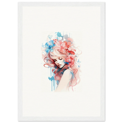 Watercolor portrait of a woman with pink and blue hair, perfect wall art for room decoration