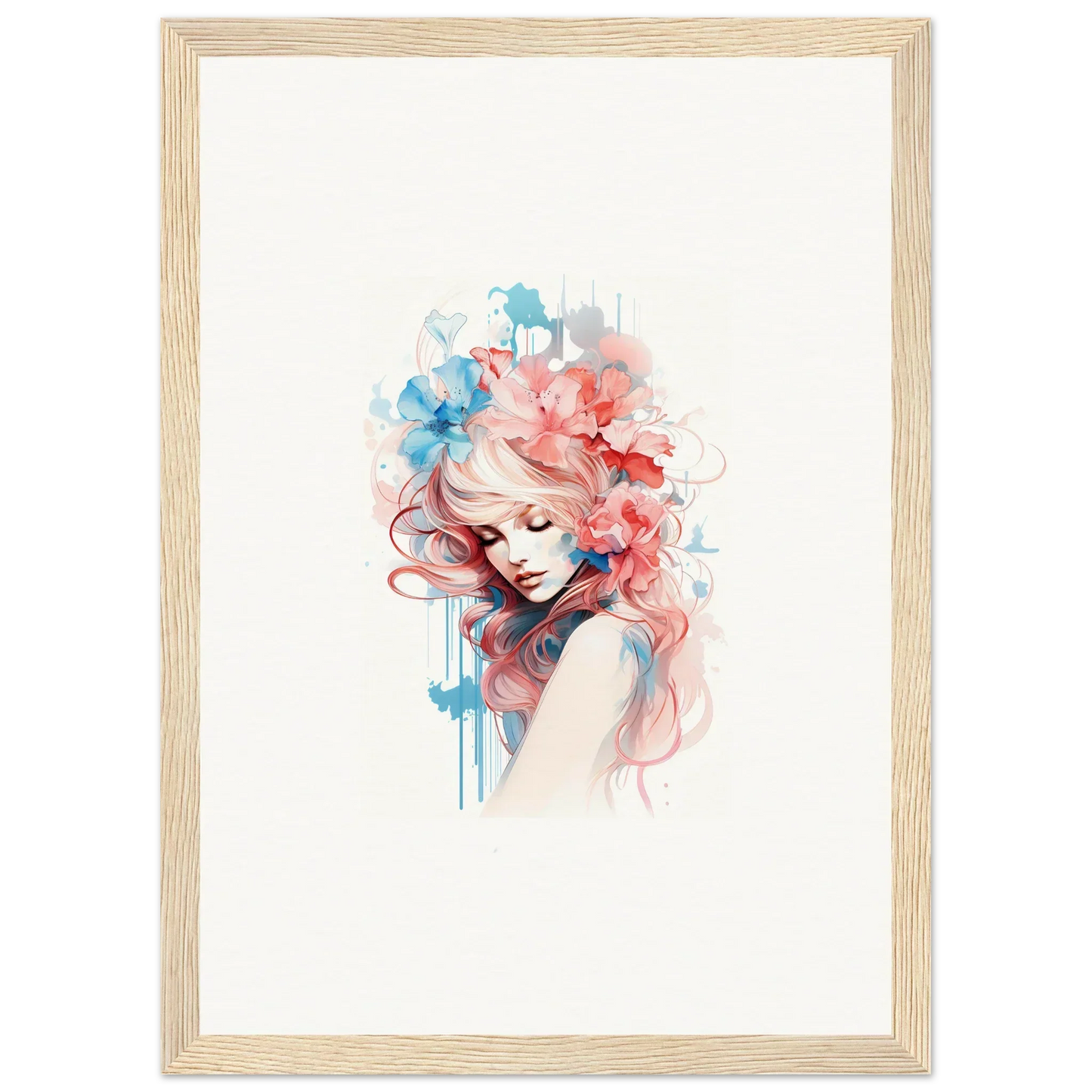 Watercolor portrait of a woman with flowers, perfect for room decoration or wall art