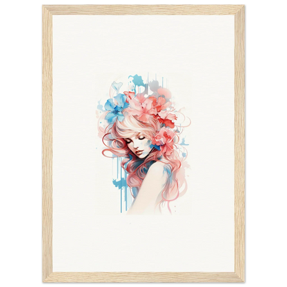 Watercolor portrait of a woman with flowers, perfect for room decoration or wall art