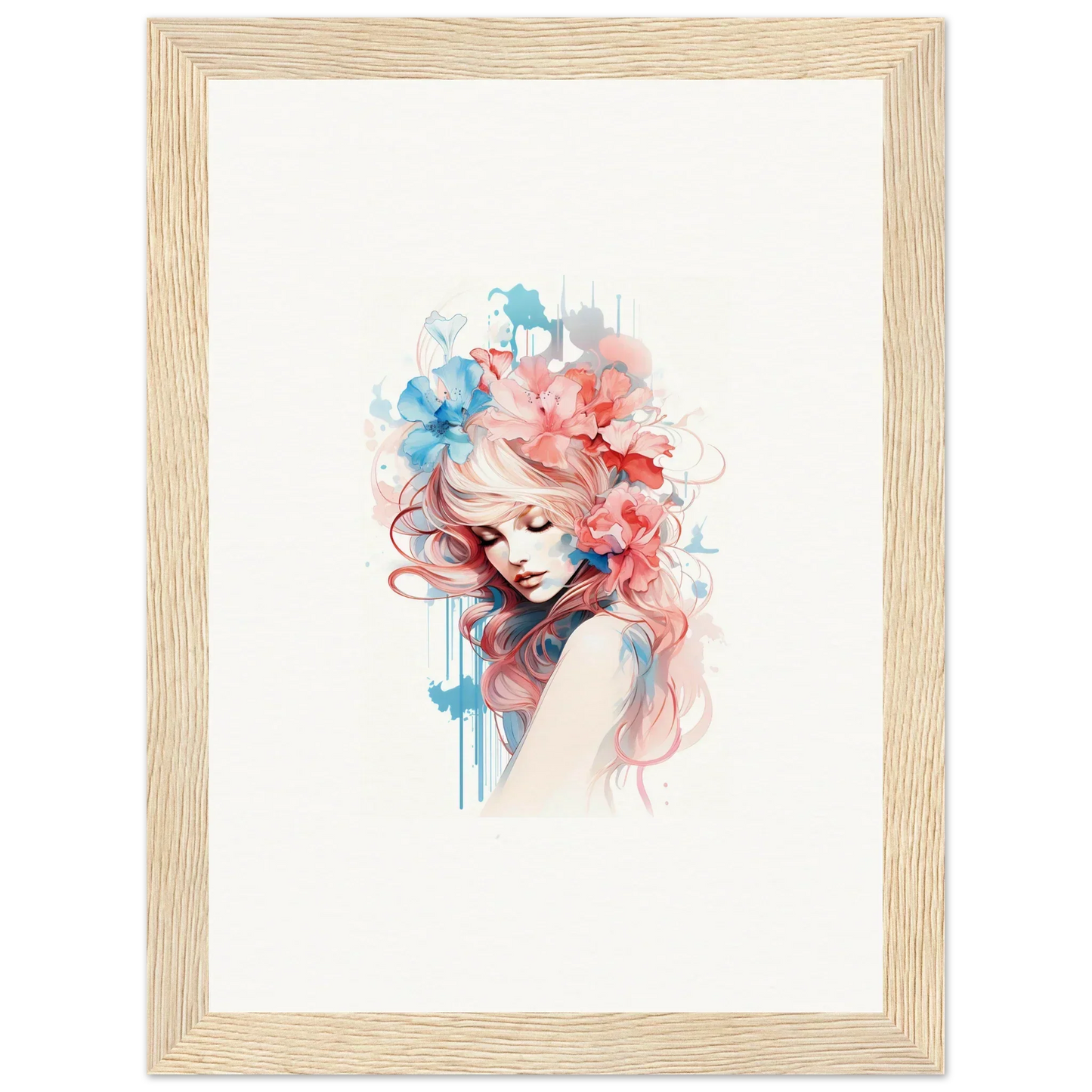 Watercolor-style portrait of a woman with flowers, perfect for canvas wall art