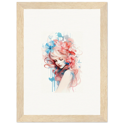 Watercolor-style portrait of a woman with flowers, perfect for canvas wall art