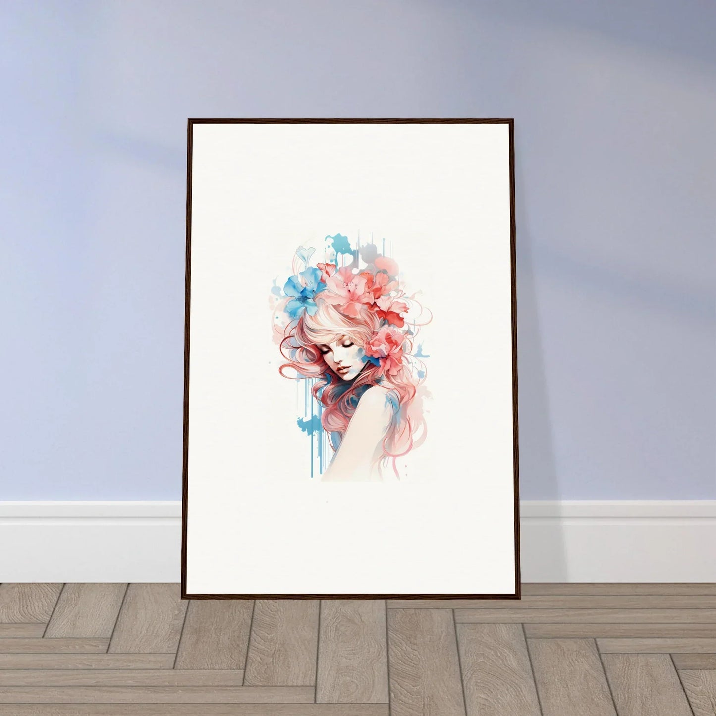 Framed watercolor portrait with colorful hair, perfect for room decoration or wall art