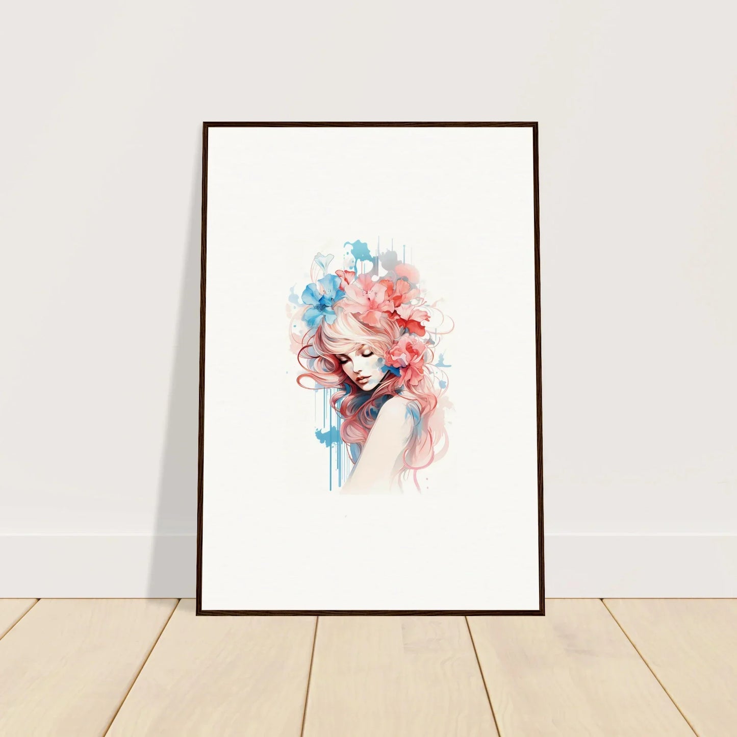 Framed watercolor portrait of a woman with colorful hair for room decoration wall art