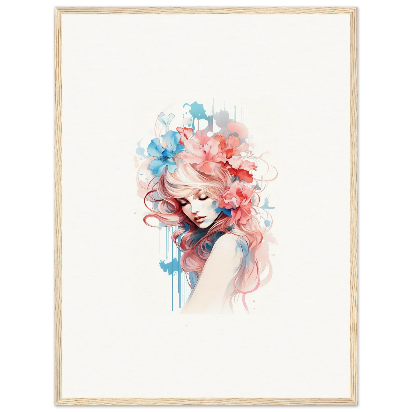 Watercolor-style woman portrait with pink and blue hair, perfect wall art for room decoration