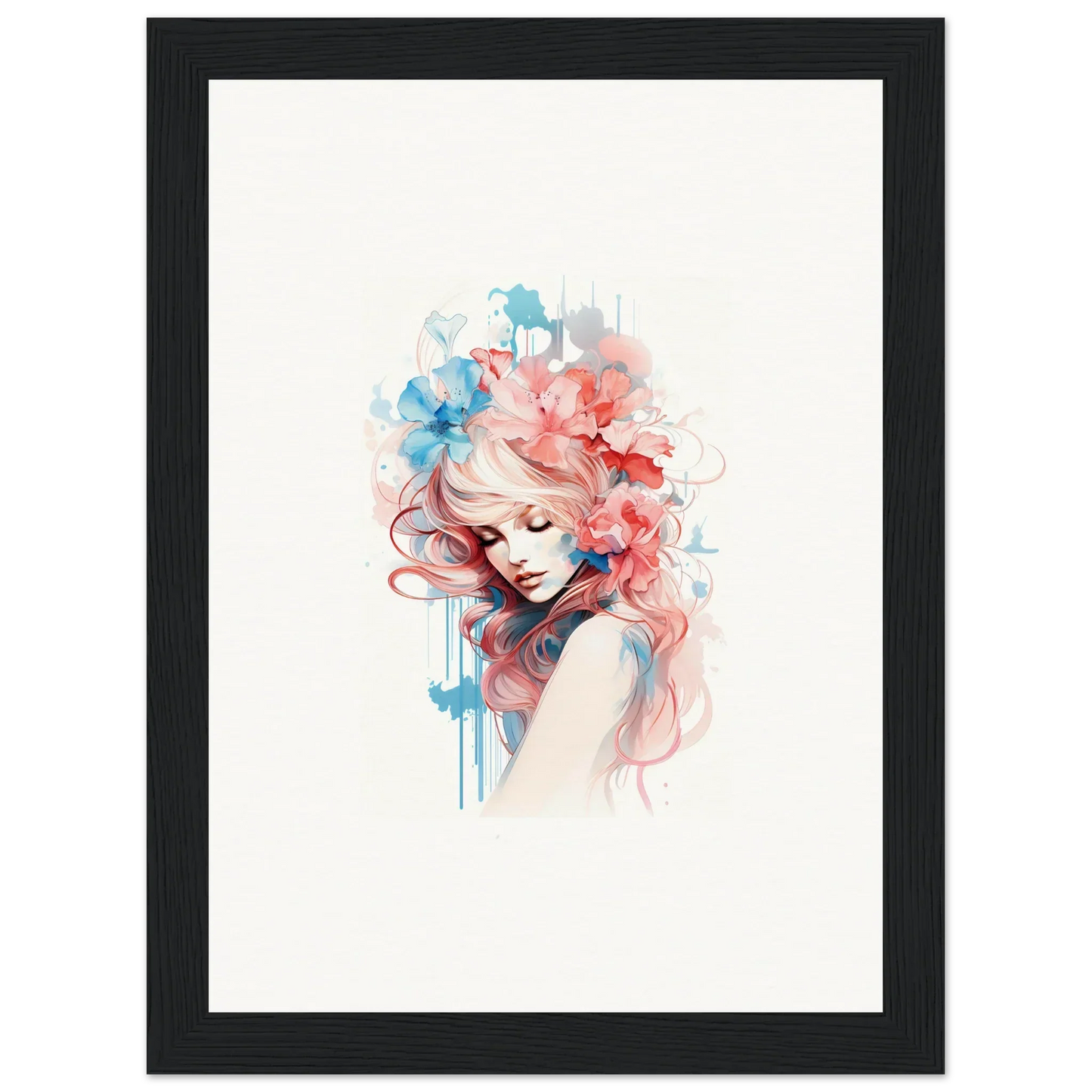 Watercolor-style wall art of a woman with flowers in pink and blue for room decoration