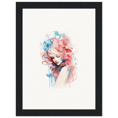 Watercolor-style wall art of a woman with flowers in pink and blue for room decoration