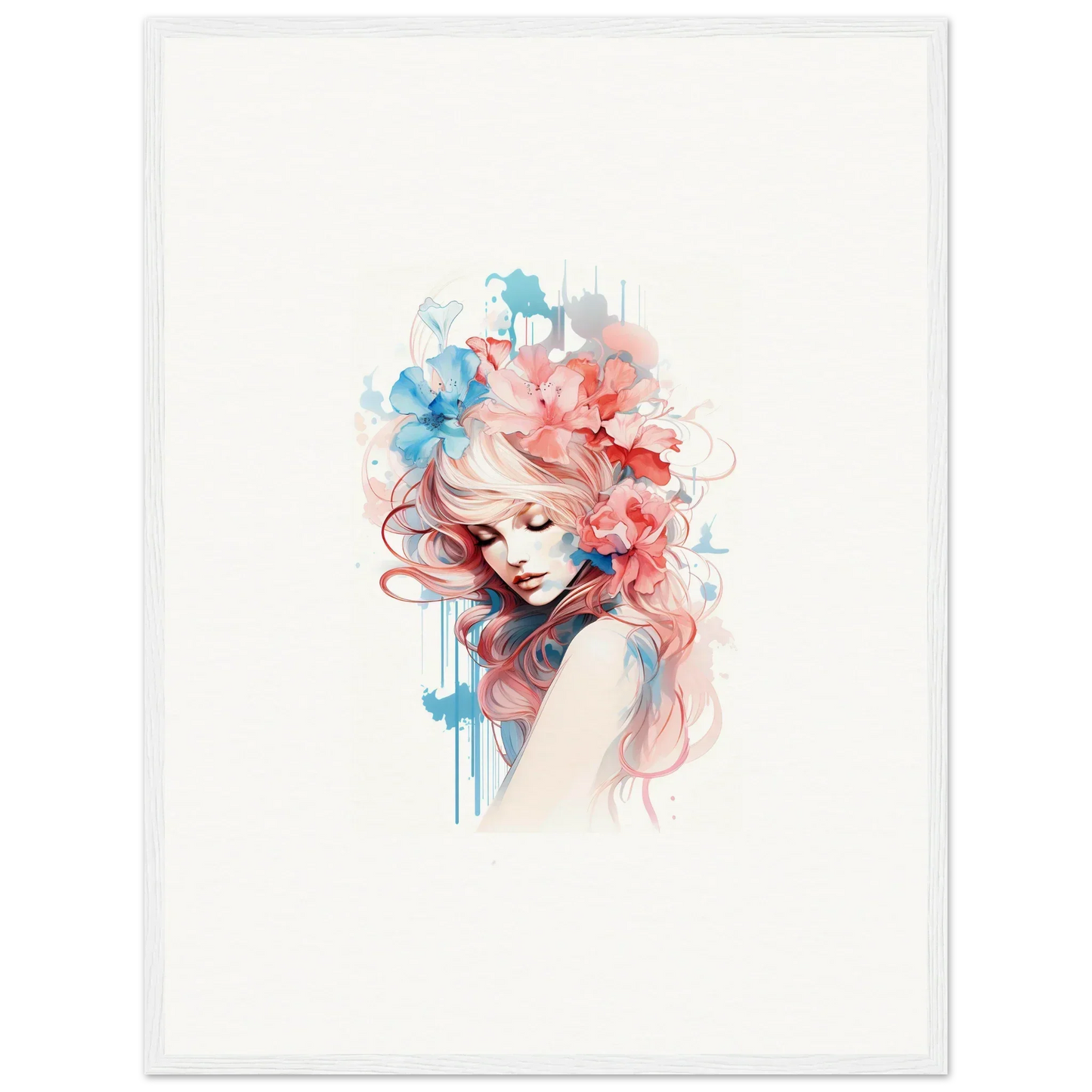 Watercolor portrait of a woman with pink and blue hair for vibrant wall art