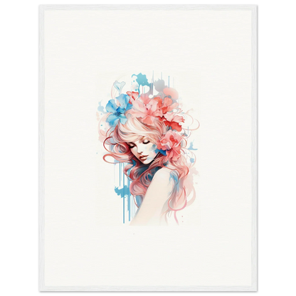 Watercolor portrait of a woman with pink and blue hair for vibrant wall art