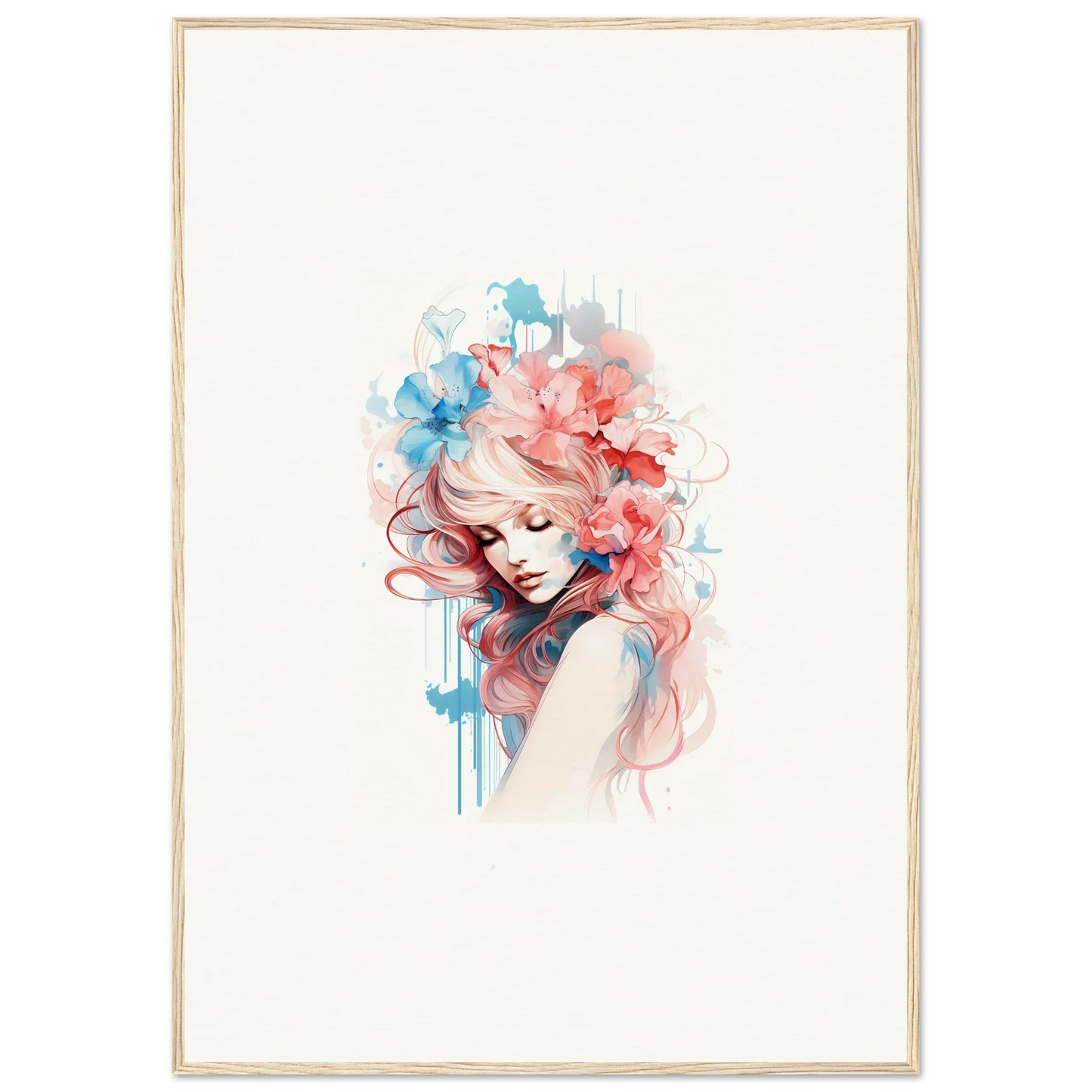 Watercolor canvas print of a woman with pink and blue hair for vibrant room decoration