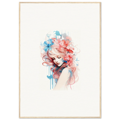 Watercolor canvas print of a woman with pink and blue hair for vibrant room decoration