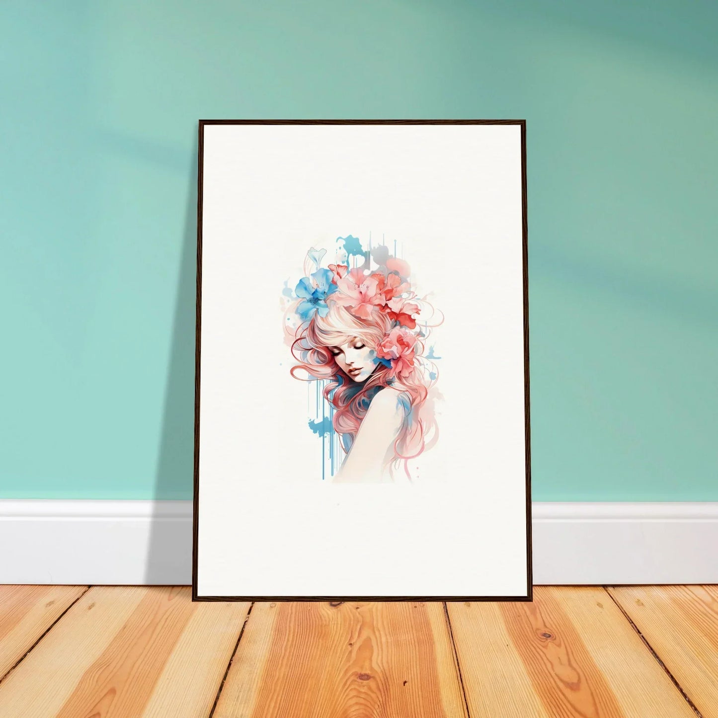 Framed watercolor portrait of a woman with colorful hair for stylish wall art