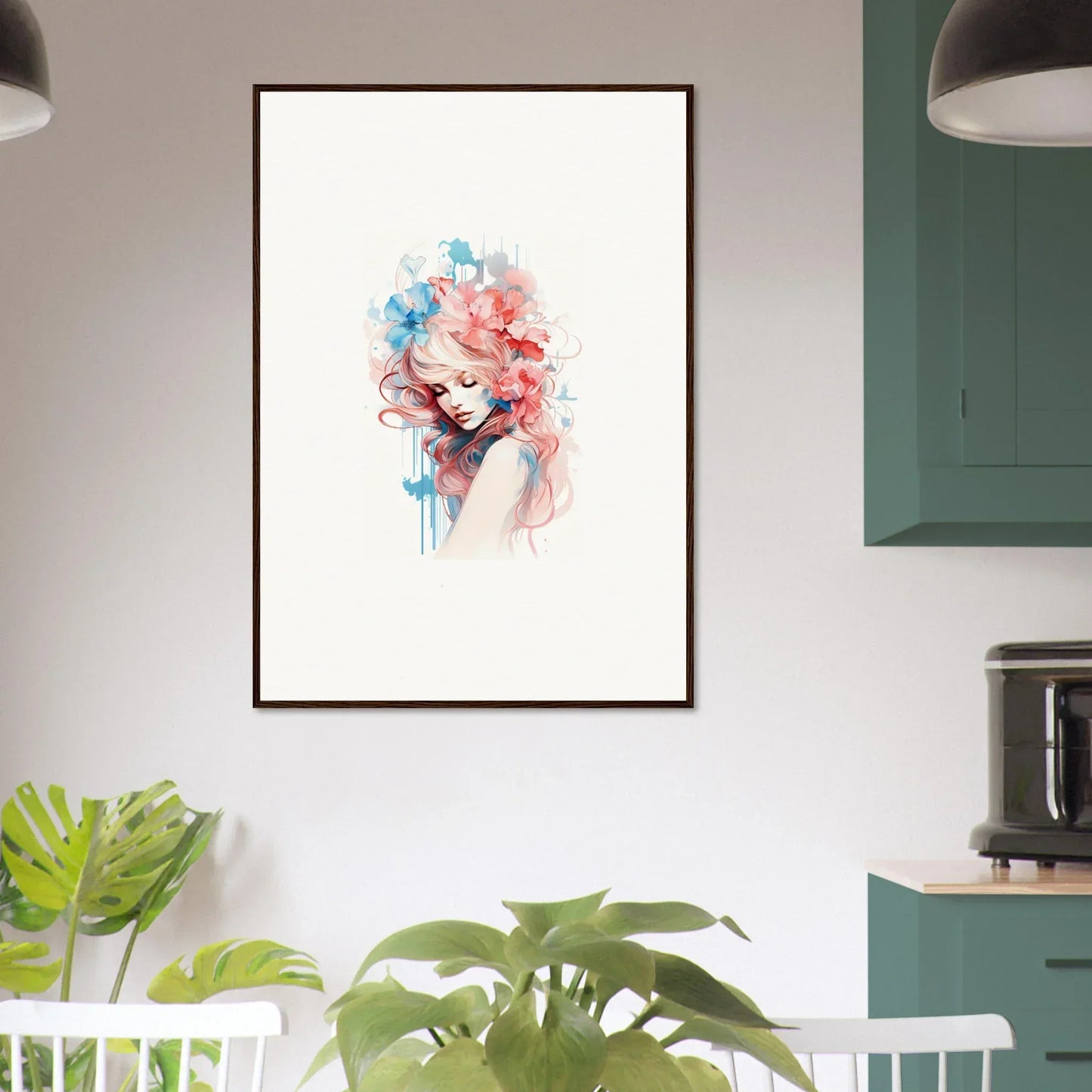 Framed watercolor portrait of a woman with colorful hair for stylish room decoration