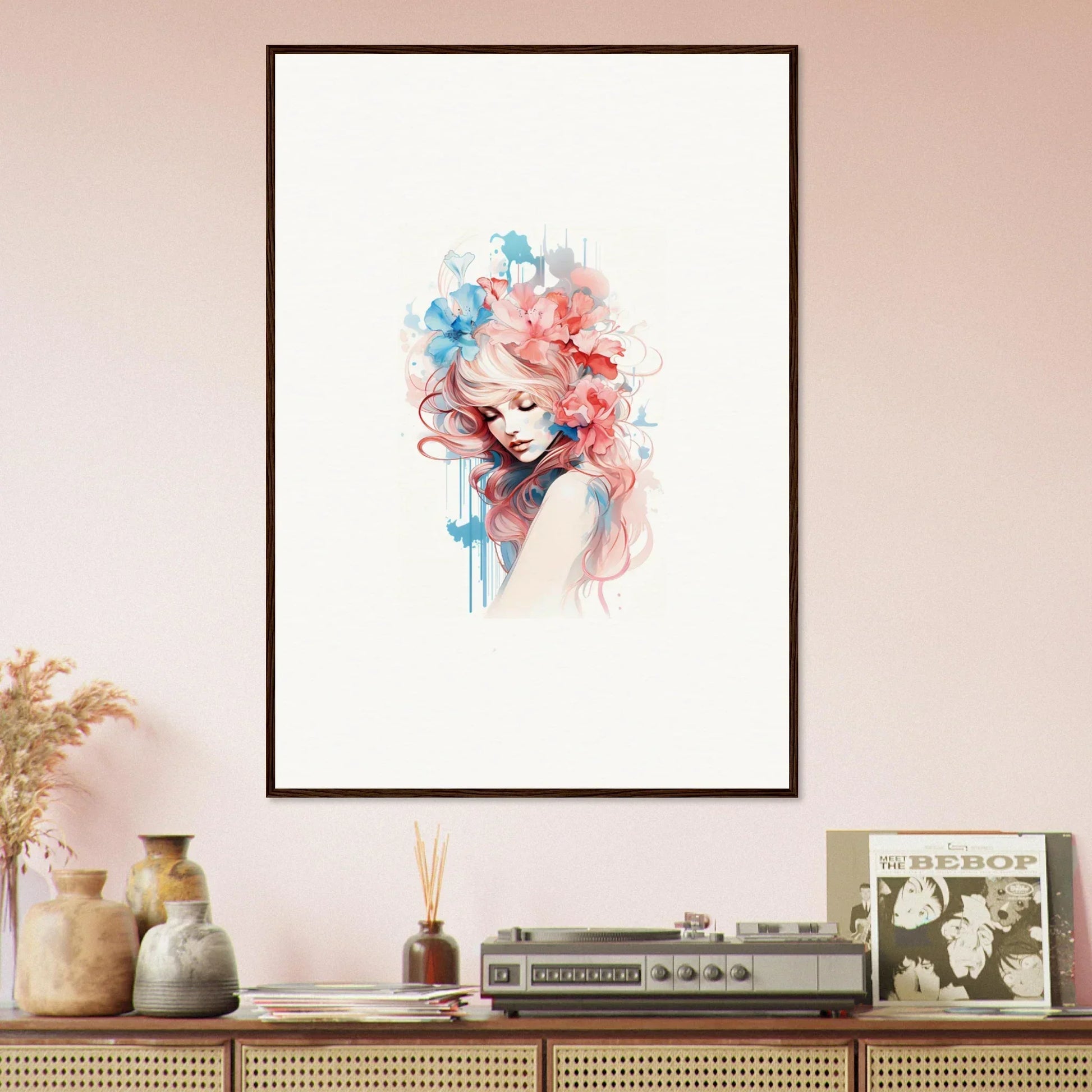 Framed watercolor portrait of a colorful-haired woman perfect for wall art or room decoration