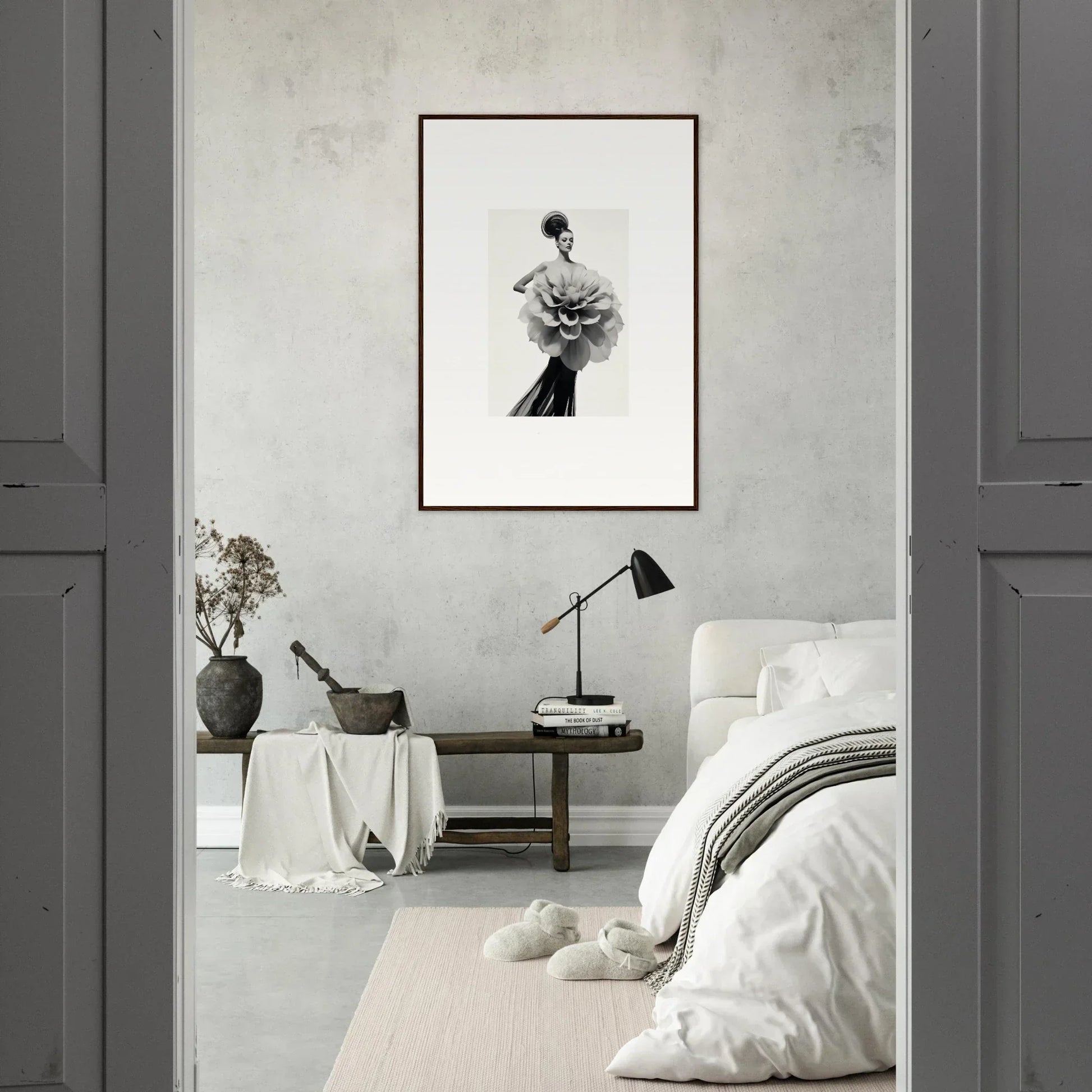 Monochromatic bedroom with minimalist decor featuring Phantom Bloom Flourish art