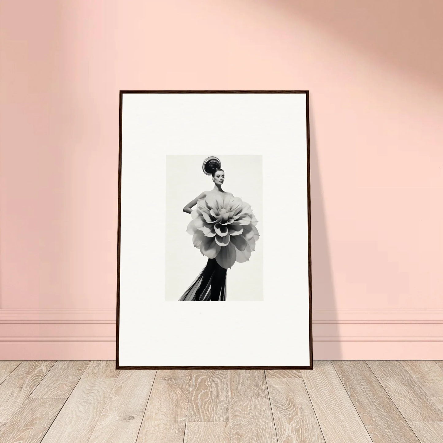 Framed black and white photo of a figure in a flower dress from Phantom Bloom Flourish