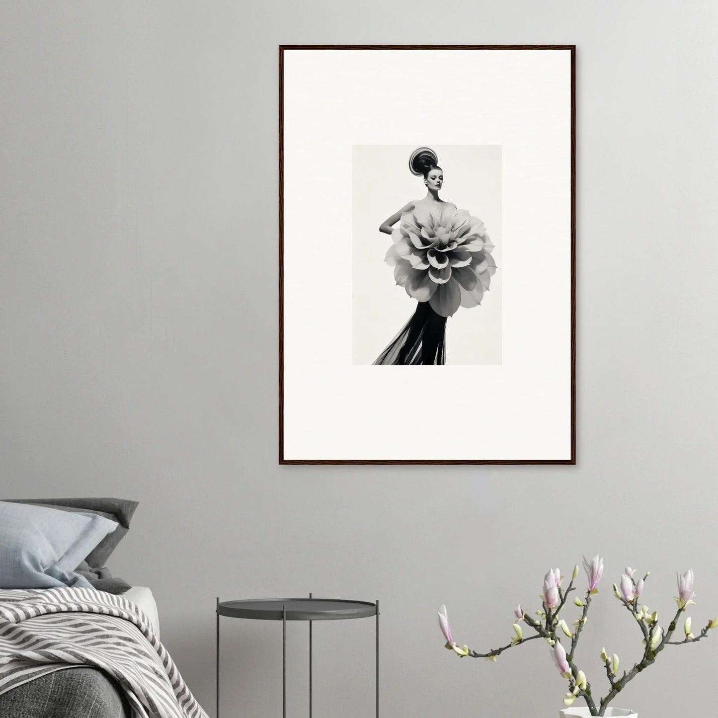 Framed black and white art print of a figure in a flower-like dress, Phantom Bloom Flourish