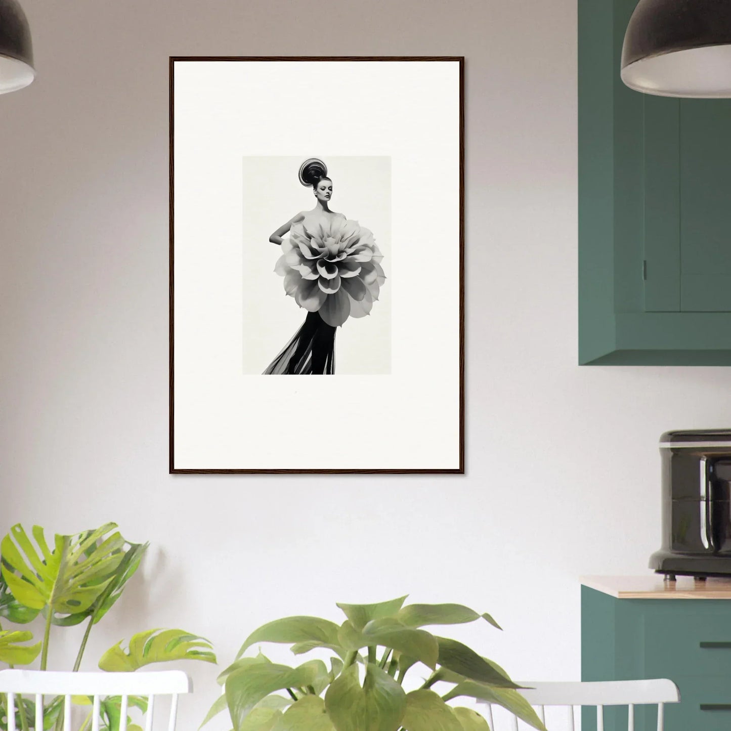 Black and white framed wall art of a figure in a dramatic gown from Phantom Bloom Flourish