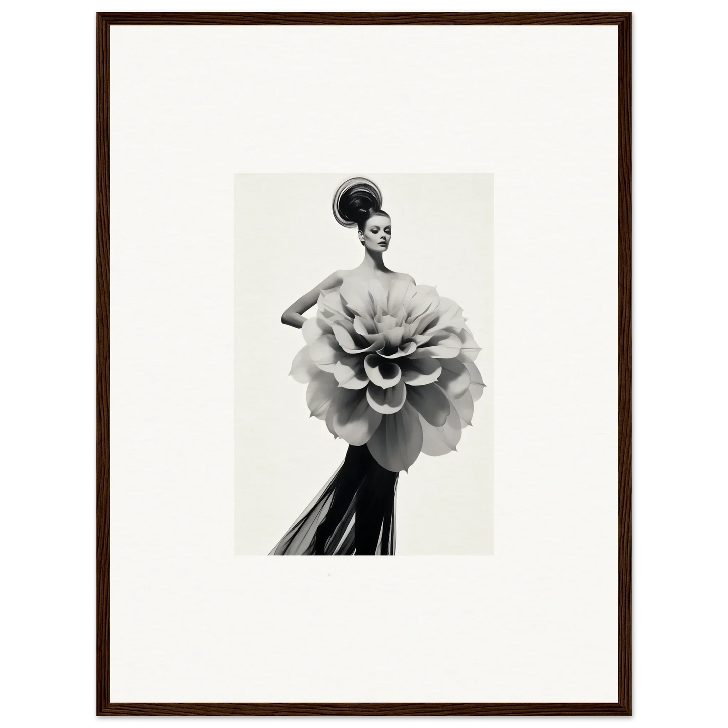 Black and white photo of unique dress resembling a flower in Phantom Bloom Flourish art