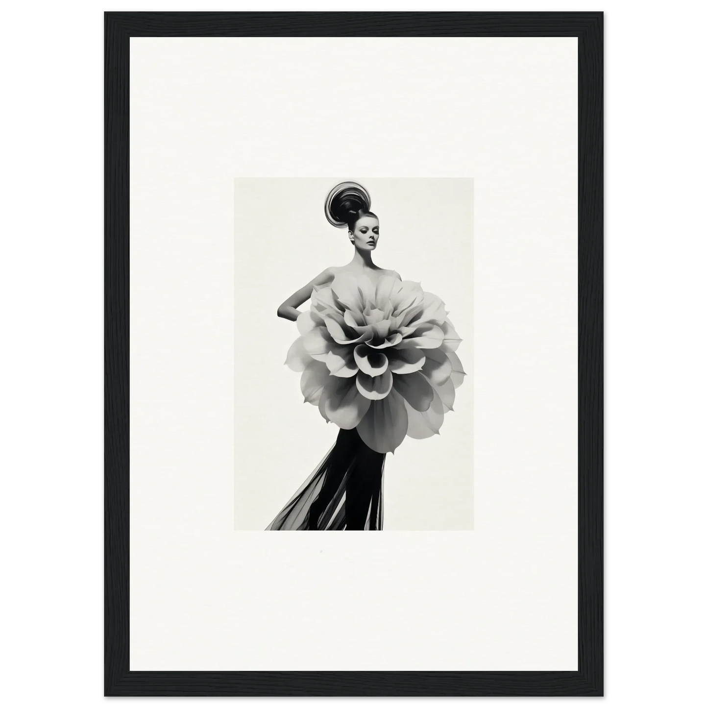 Black and white photo of a figure in a floral dress, Phantom Bloom Flourish art