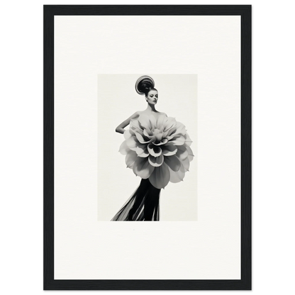 Black and white photo of a figure in a floral dress, Phantom Bloom Flourish art