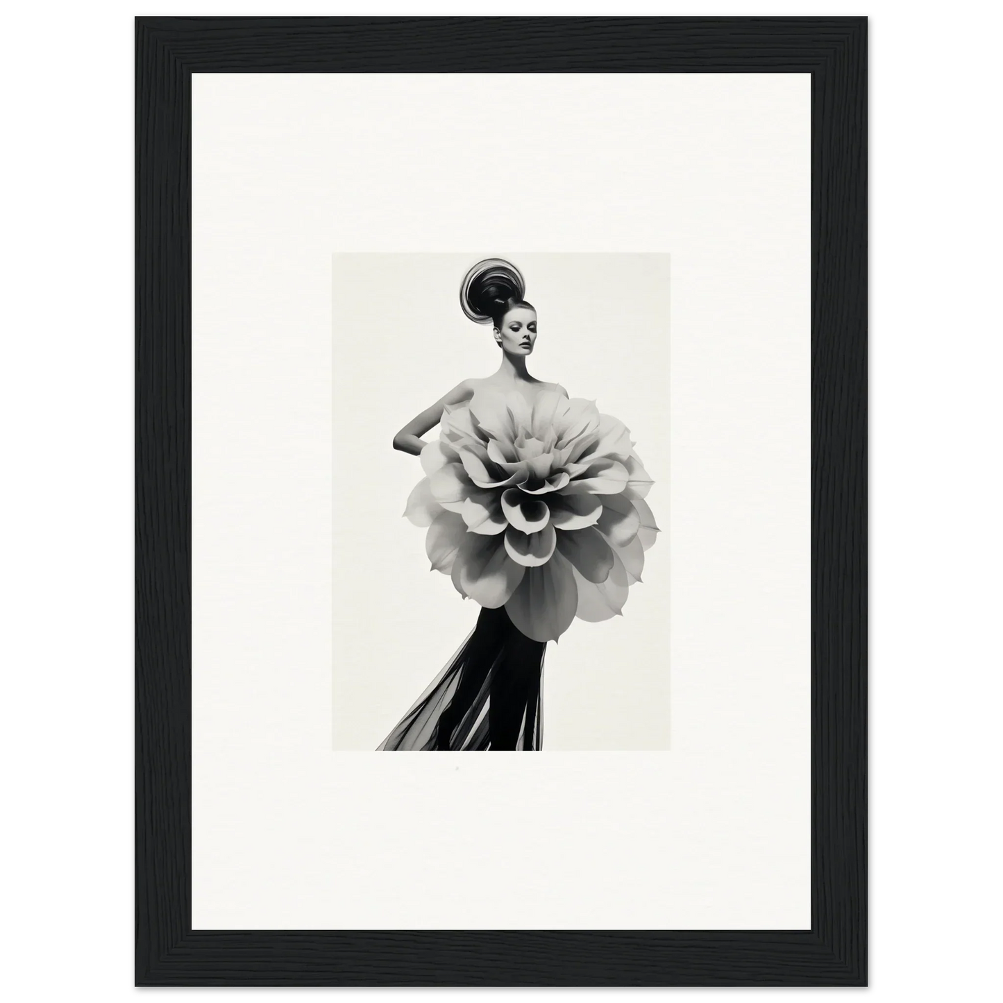 Black and white photo of Phantom Bloom Flourish with a flower-shaped bodice and dark skirt