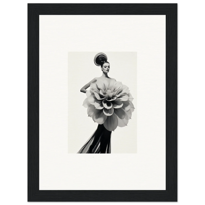 Black and white photo of Phantom Bloom Flourish with a flower-shaped bodice and dark skirt