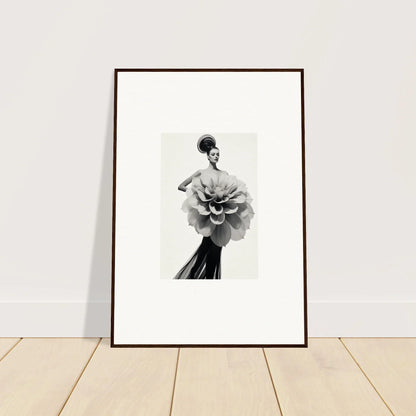 Framed black and white Phantom Bloom Flourish art print of a dress transforming into a flower