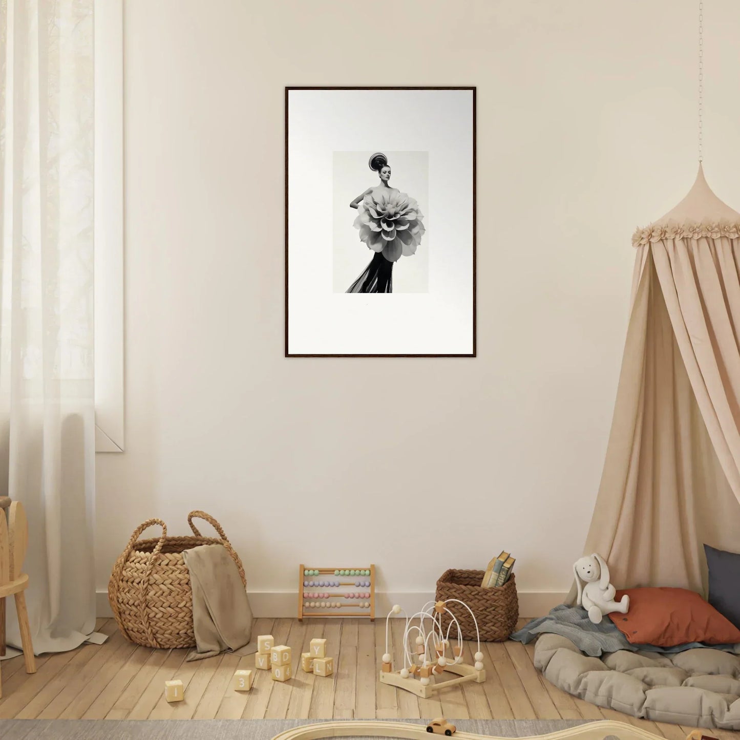 Black and white framed wall art of a figure in an elegant dress, Phantom Bloom Flourish