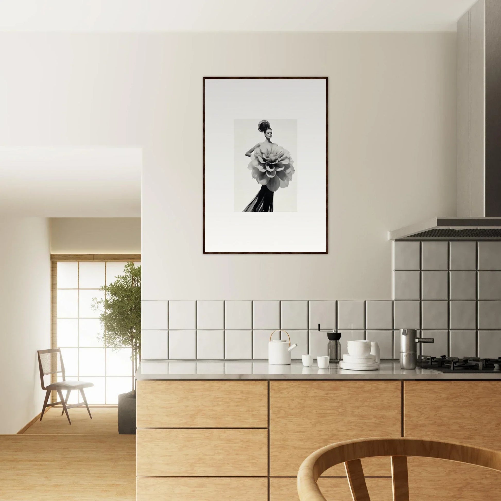 Modern kitchen with light wood cabinets and Phantom Bloom Flourish framed wall art