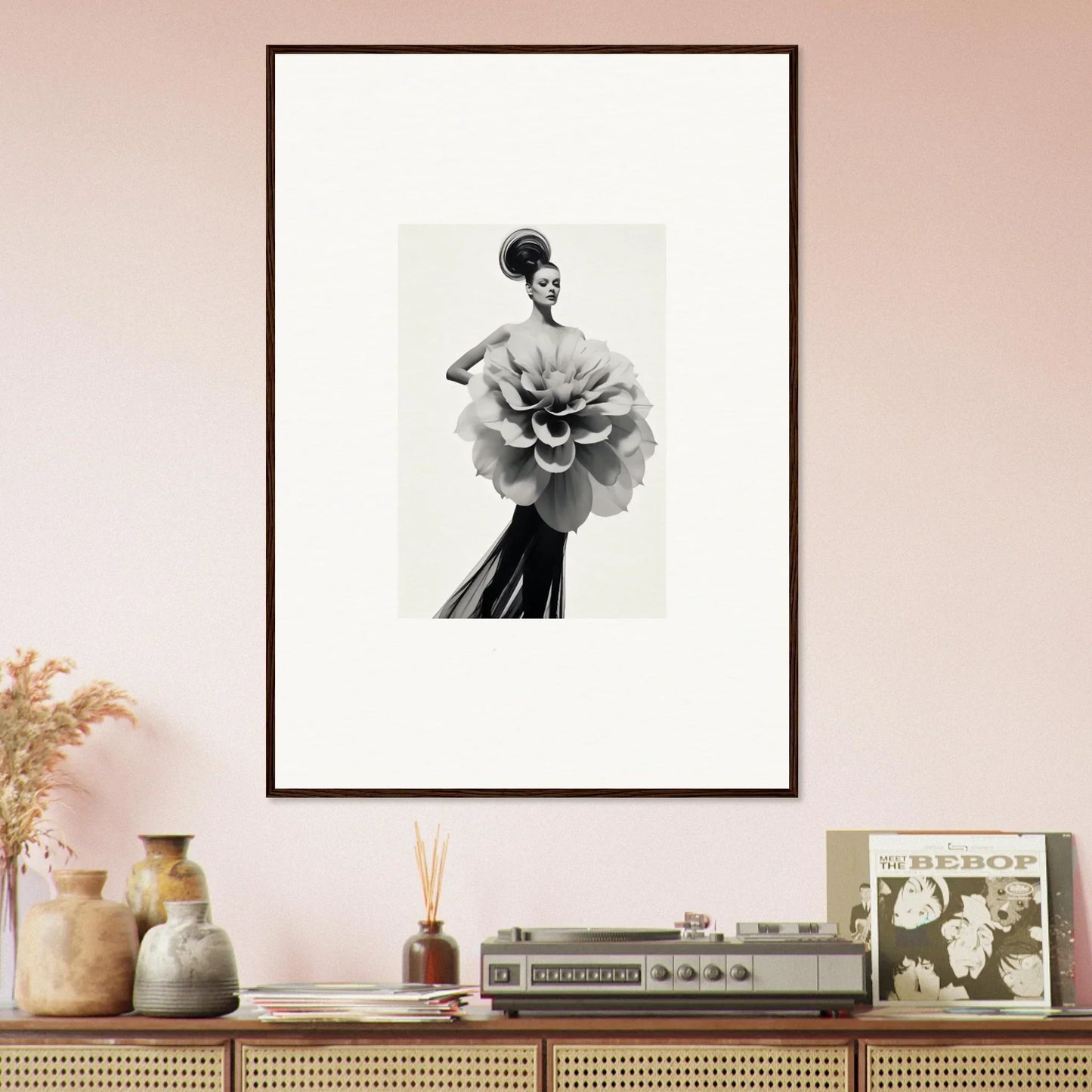 Framed black and white art of a figure in a flower dress from Phantom Bloom Flourish